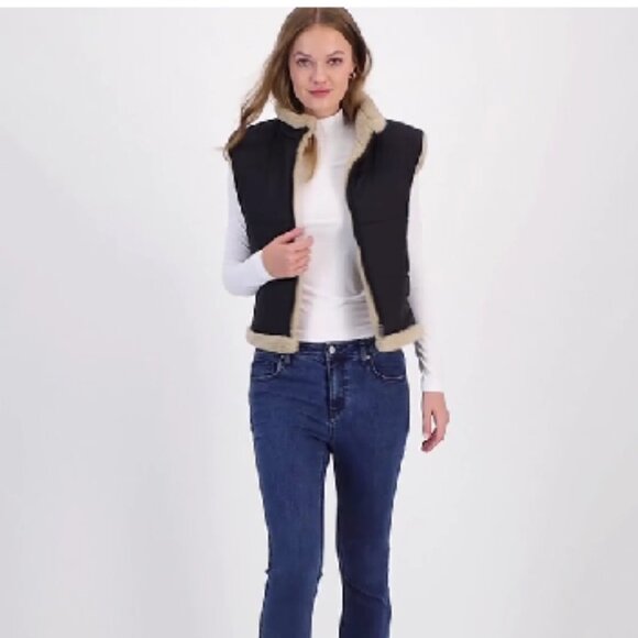Now + This Sherpa‎ Fleece-Lined Vest – Black & Cream Beige – Size Small - Picture 5 of 14